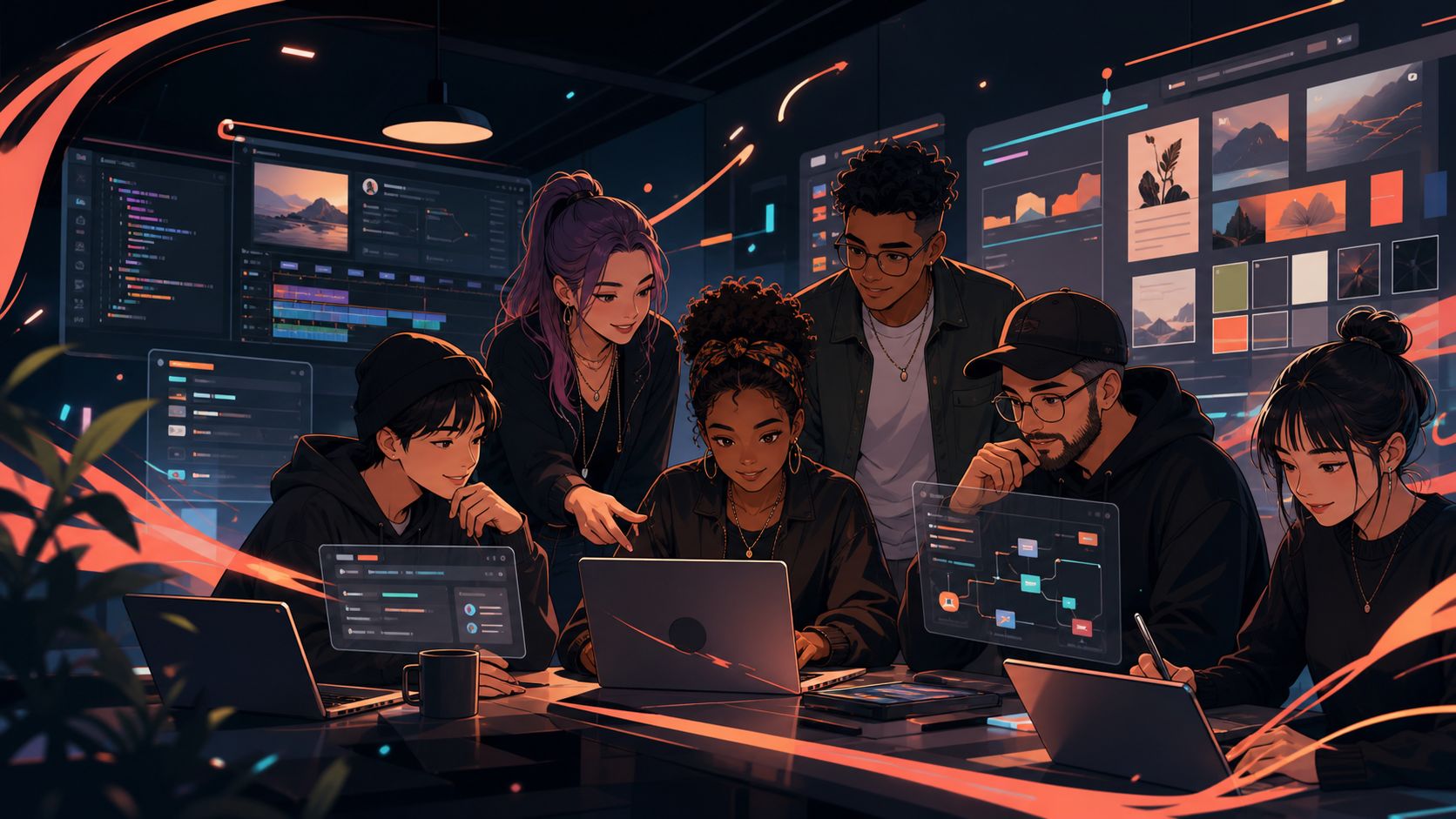 A diverse group of creators and app builders collaborating in an AI creator studio