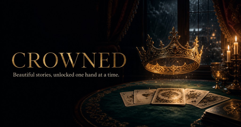 Crowned: Beautiful stories, unlocked one hand at a time. A glowing gold crown hovers above a table of playing cards.