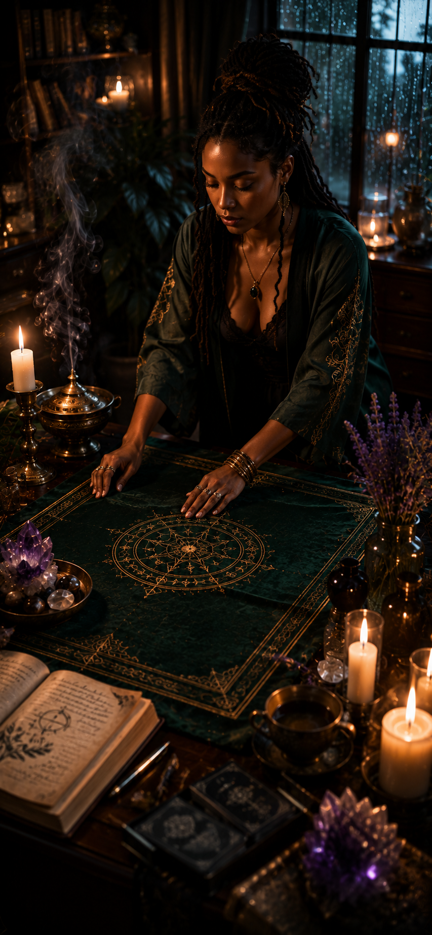 A woman sits at a dark green card table under warm candlelight.
