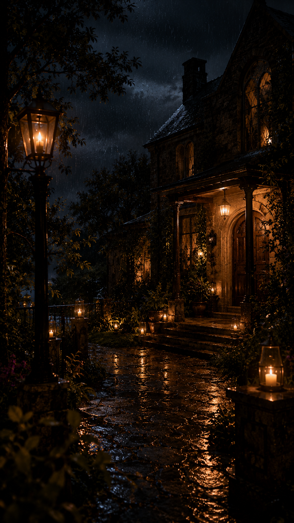 A rain-soaked stone cottage lit by warm lanterns.