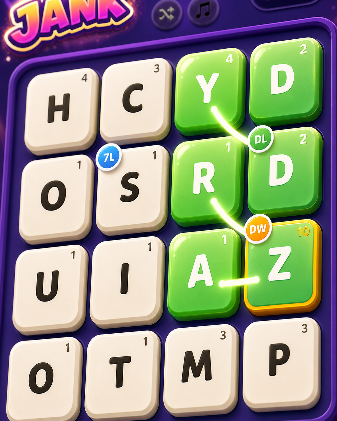 Close-up of a JANK letter grid mid-word with score multipliers.