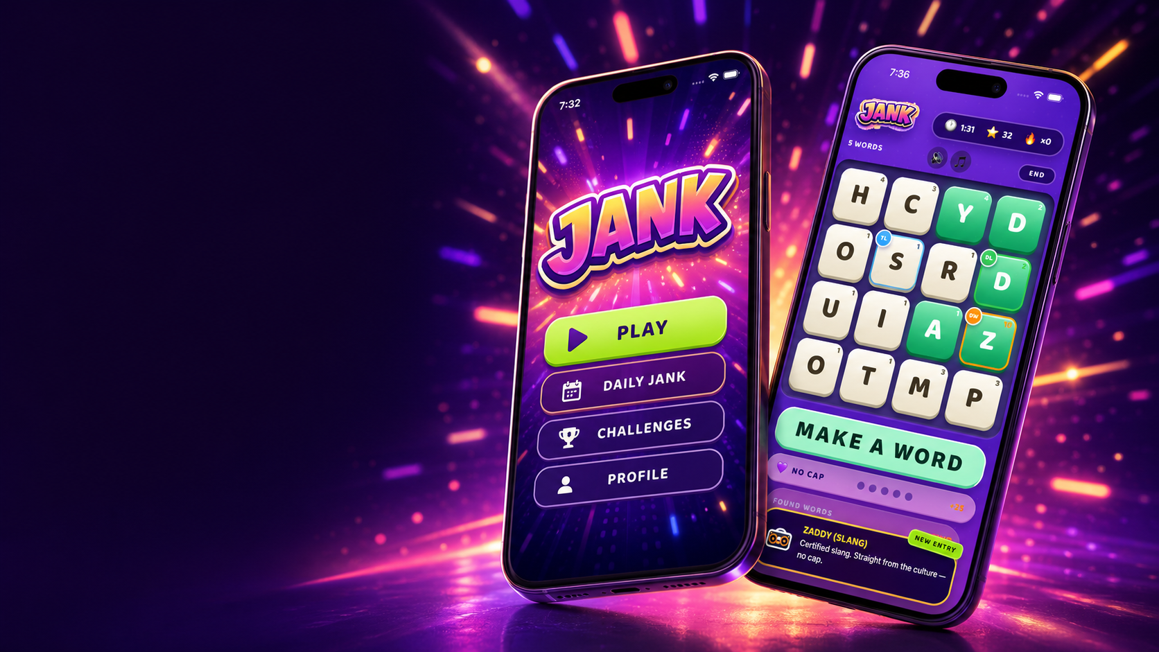 Two phones showing the JANK home screen and an in-progress letter-grid puzzle.