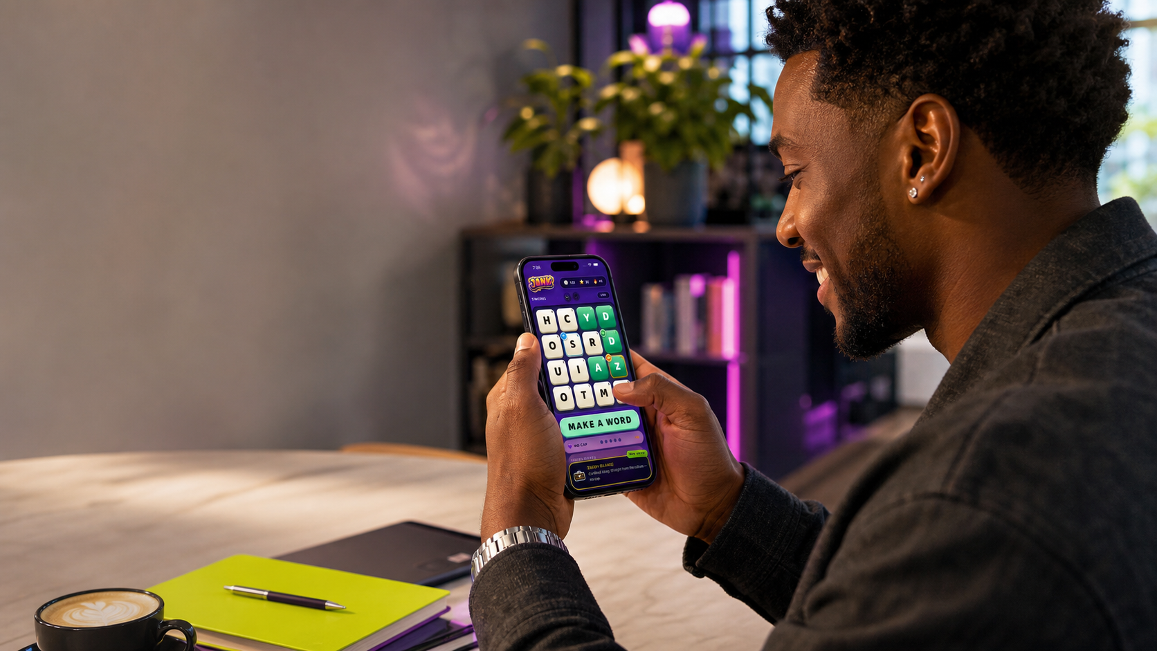 A player smiling while making a word on the JANK app.
